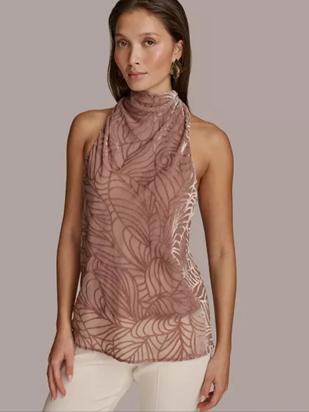 Donna Karen Sleeveless High-Neck Floral Overlay Top Size Large Romantic Layer